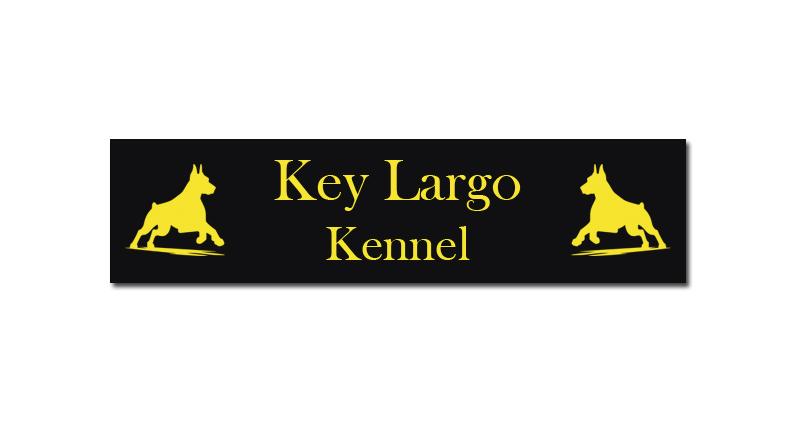Custom engraved plastic dog crate / kennel tags with engraved doberman dog  design and personalized text.