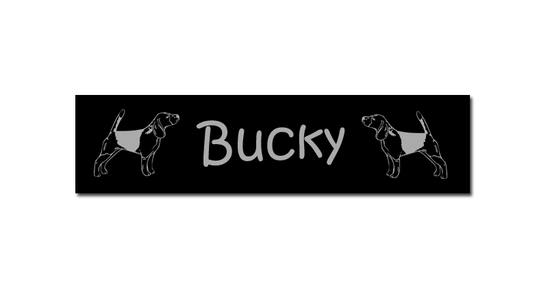Custom engraved plastic dog crate / kennel tags with engraved hound dog design and personalized text.