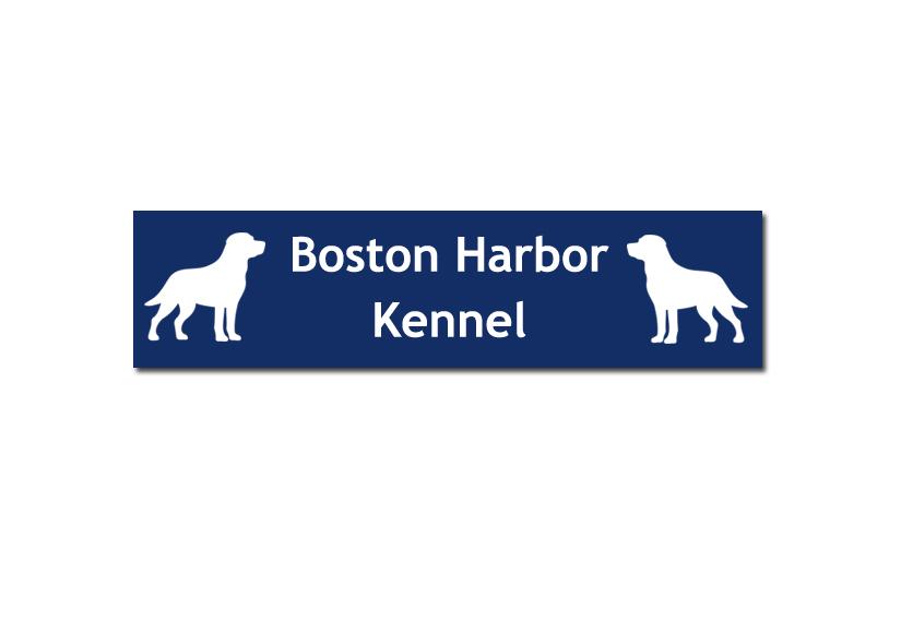 Custom engraved plastic dog crate / kennel tags with engraved dog design and personalized text.