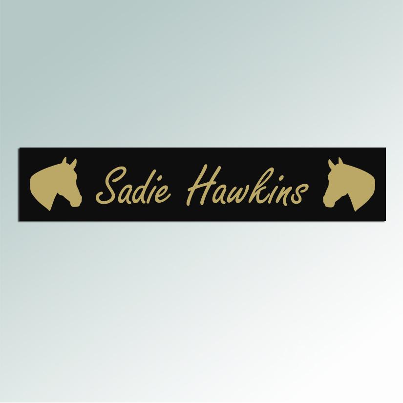 Custom engraved plastic stall nameplate for your horses' stall door with engraved horse silhouette of your choice. 85+ horse silhouettes to choose from.