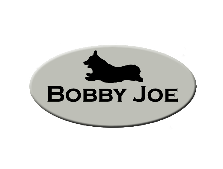 Personalized engraved plastic oval dog crate / kennel tags with engraved corgi design and engraved text.