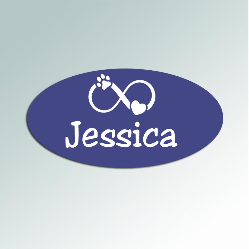 Personalized engraved plastic oval dog paw crate / kennel tags with engraved dog paw design and engraved text. Dog Paw Kennel Tag
