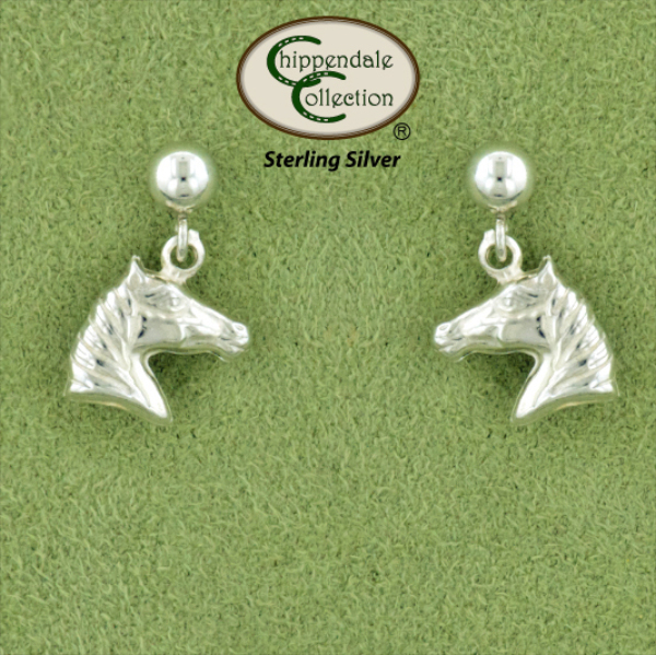 Horse head 3D sterling silver equestrian jewelry dangle earrings.