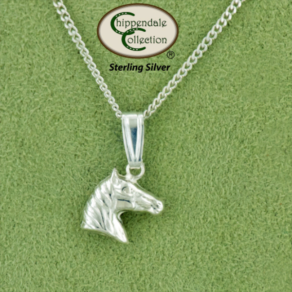 3D horse head sterling silver equestrian necklace. Quality horse jewelry necklace that features a 3D horse head.