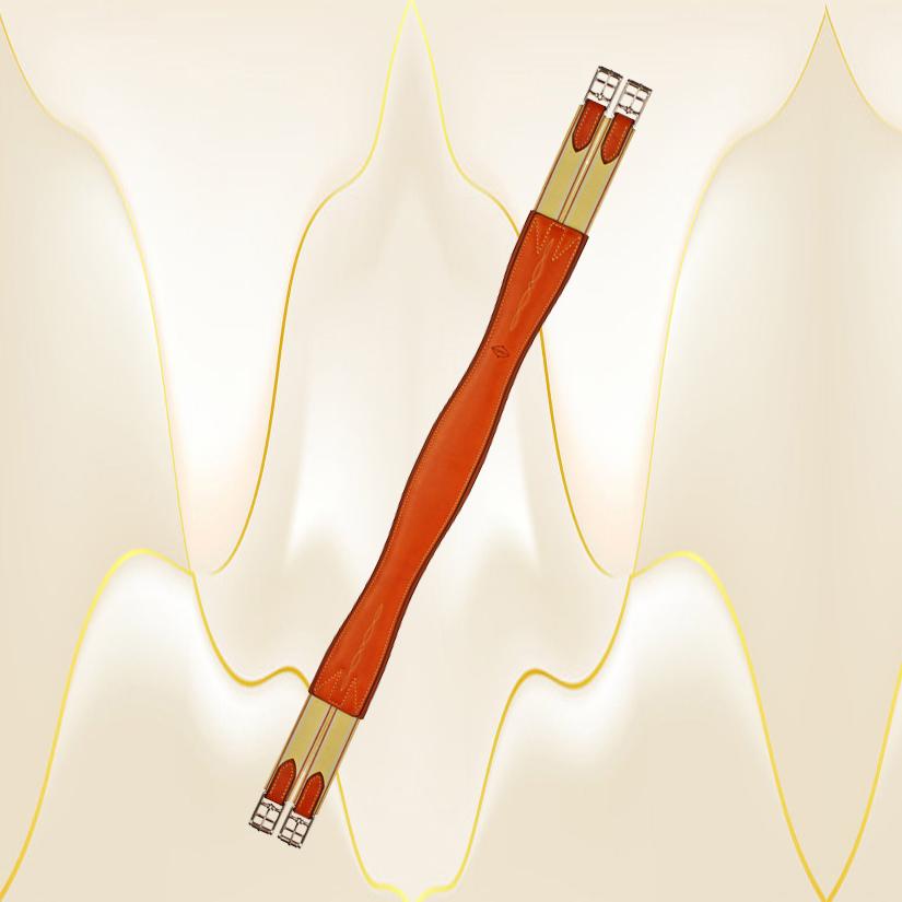 Top quality Edgewood chestnut leather fancy stitched horse girth with elastic on both ends.