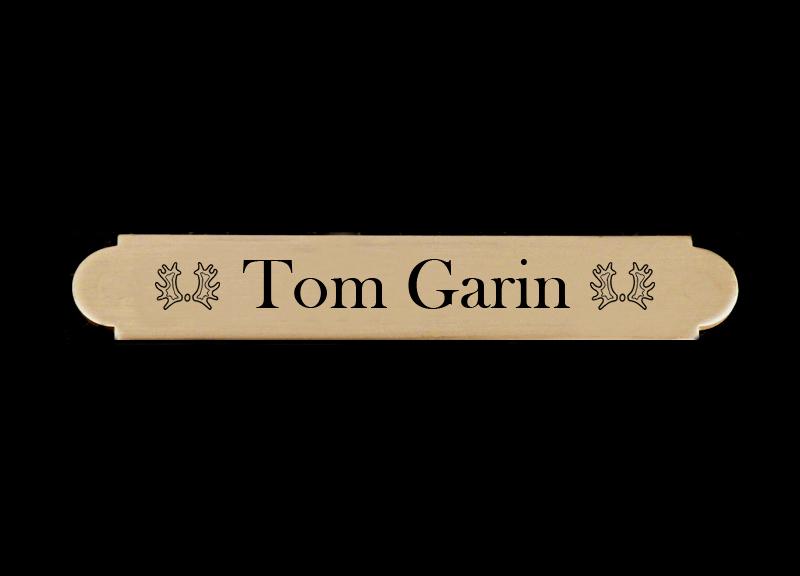 Brass engraved adhesive nameplate with personalized text and horse breed logo. Horse Nameplate