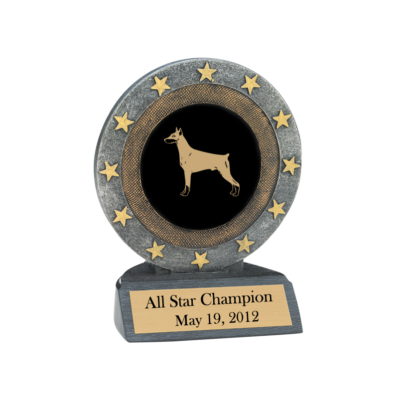 Personalized all star trophy with your choice of doberman design and custom engraved text. Doberman Trophy