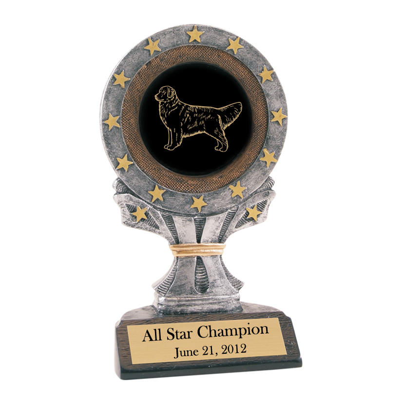 Custom engraved award trophy with your choice of personalized text and Golden Retriever design. Golden Retriever Award Trophy