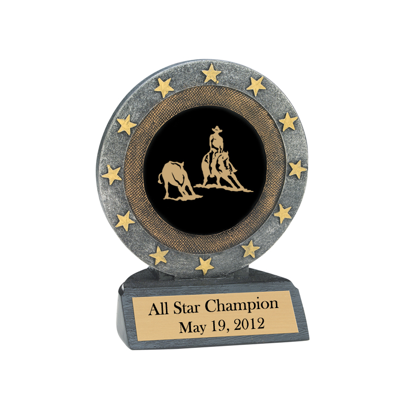 Custom engraved horse show award trophy with your choice of personalized text and rodeo design. Rodeo Trophy