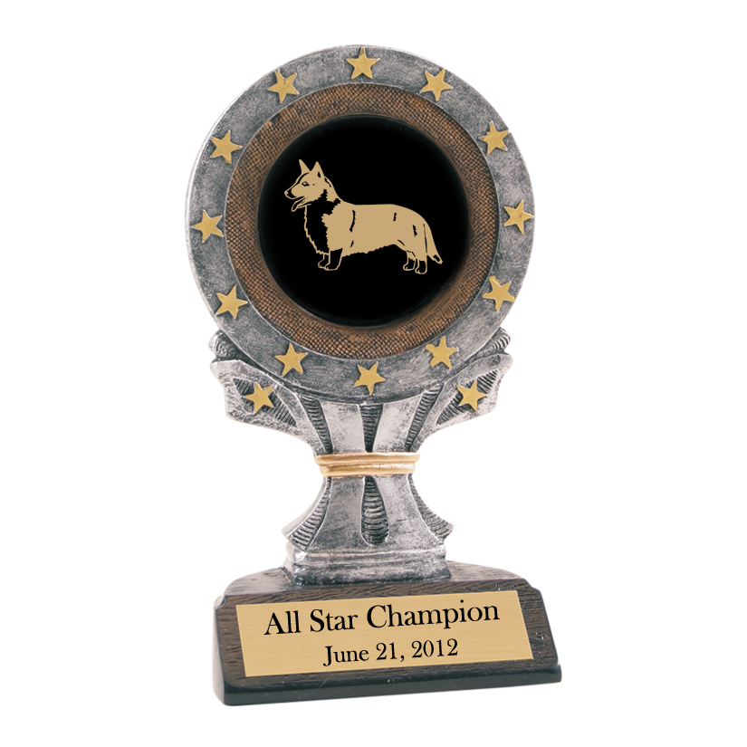 Personalized all star trophy with your choice of corgi design and custom engraved text. Corgi Trophy