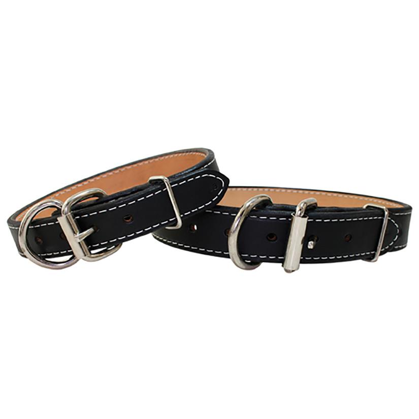 Heavy duty GI leather dog collar made with edge stitching and a silver roller buckle. Size 26 Black