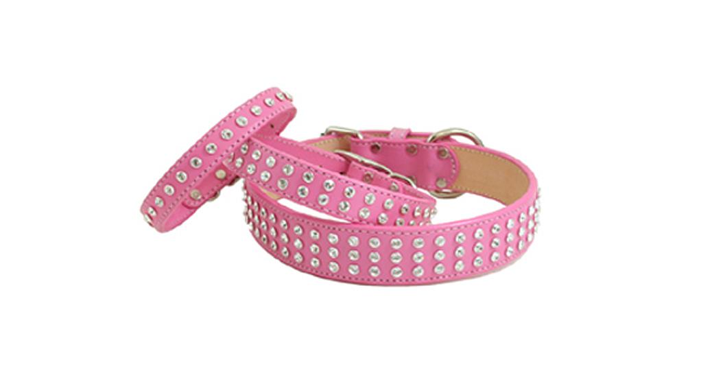 Pink leather Maddie and Maxwell dog collar with Swarovski crystals.