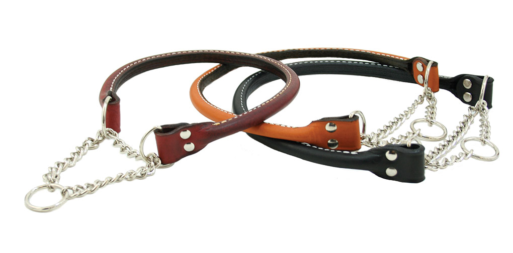Rolled leather martingale dog collar made out of bridle leather from Auburn Leathercrafters.