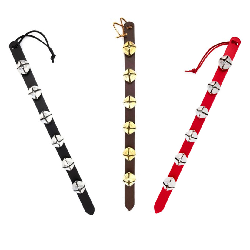 Sleigh bell straps made from quality bridle leather and nickel plated sleigh bells.