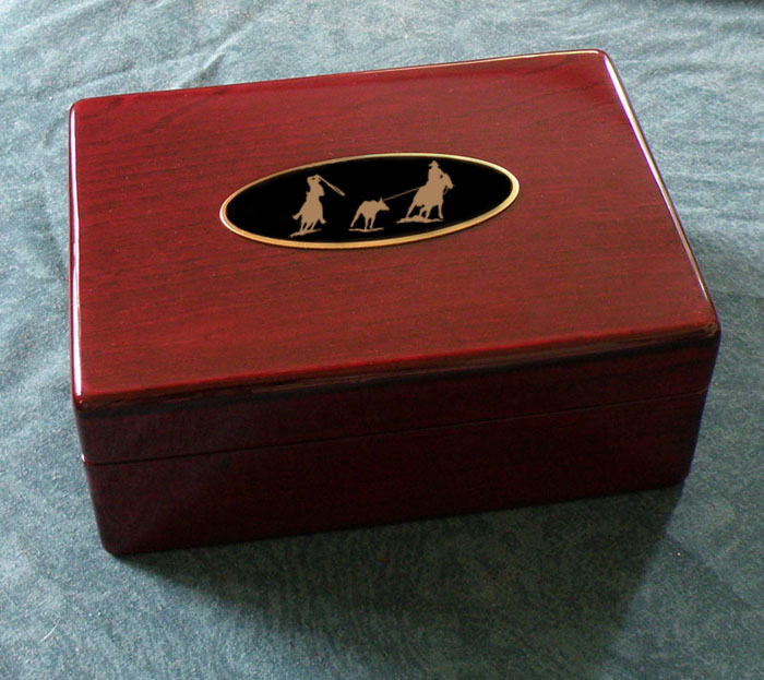 Rosewood piano finish jewelry box with an engraved nameplate that has your choice of rodeo design.