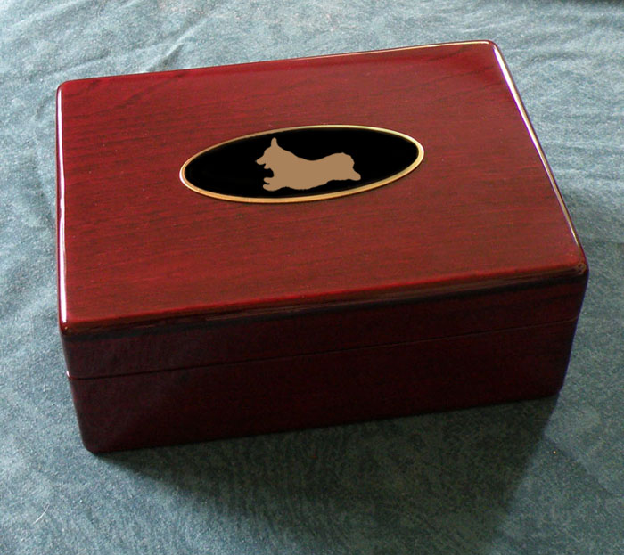 Engraved rosewood jewelry box with your choice of corgi design and text. Corgi Jewelry Box