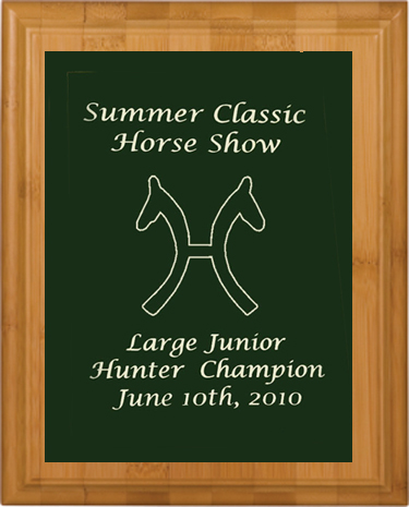 Genuine Bamboo plaque with your custom engraved horse breed logo and text. Makes a great horse show award.