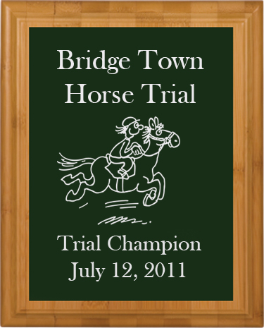 Genuine Bamboo plaque with your custom engraved horse design 3 and text. Makes great horse show award or equestrian gift. Equestrian Award