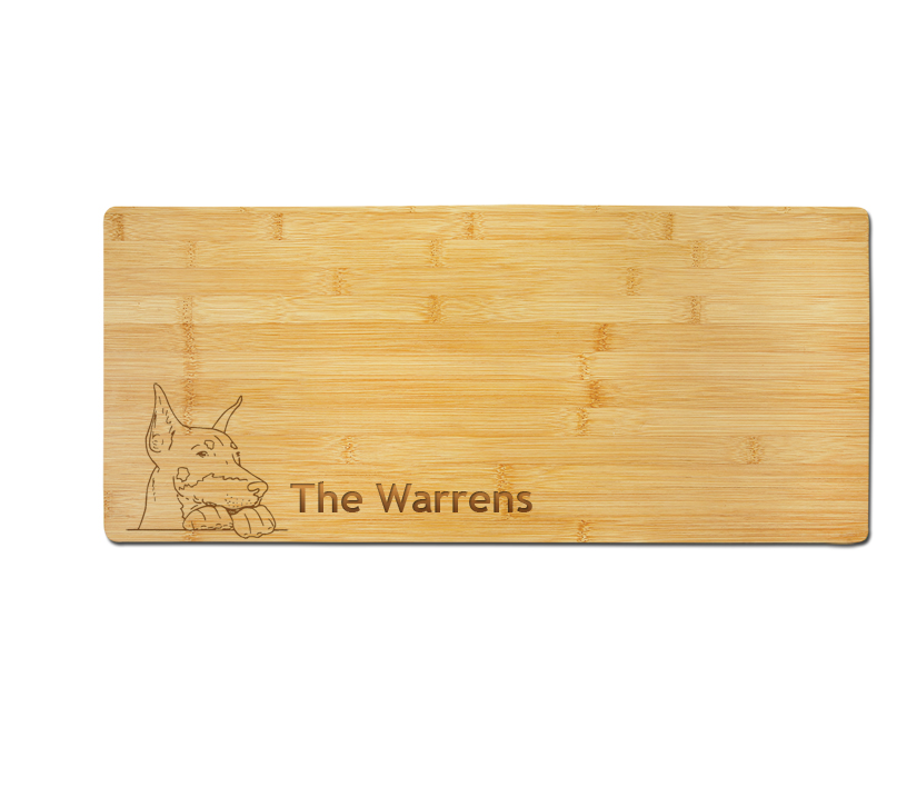 Custom engraved bamboo charcuterie board with your choice of Doberman design and personalized text. Doberman Charcuterie Board