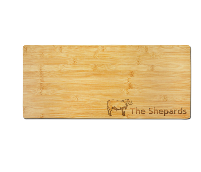 Custom engraved bamboo charcuterie board with your choice of farm animal design and personalized text. Farm Animal Charcuterie Board