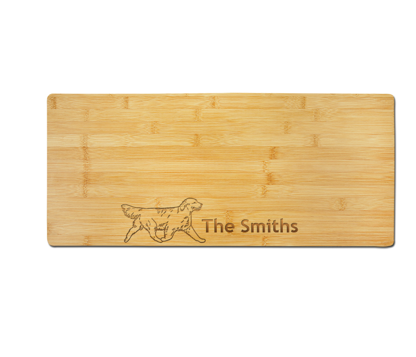Personalized charcuterie board with your choice of Golden Retriever design and engraved text. Golden Retriever Charcuterie Board