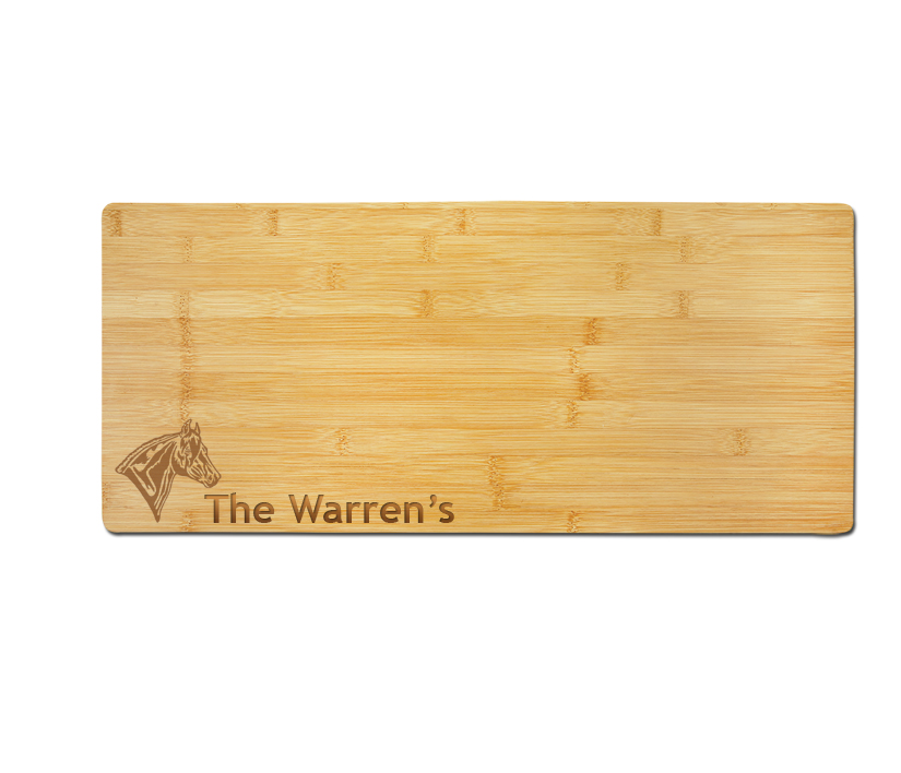 Custom engraved bamboo charcuterie board with your choice of horse design and personalized text. Horse Charcuterie Board
