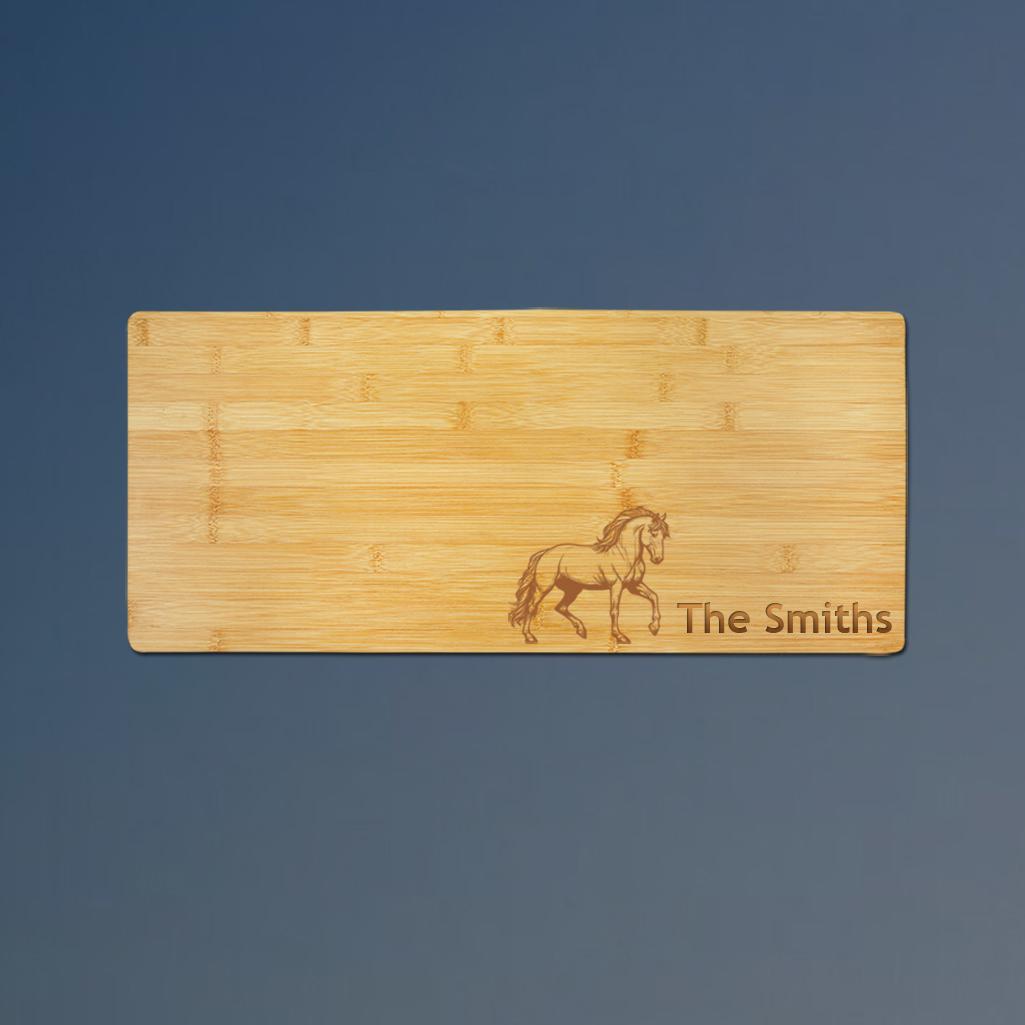 Custom engraved bamboo horse charcuterie board with your choice of horse design and personalized text. 145+ horse designs to choose from.