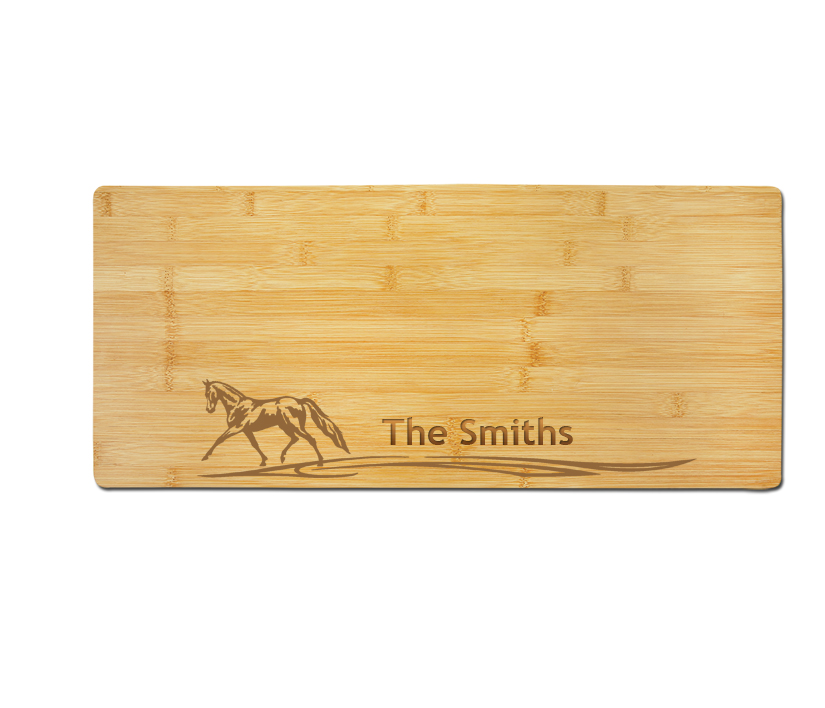 Custom engraved bamboo charcuterie board with your choice of horse design 3 and personalized text. Horse Charcuterie Board