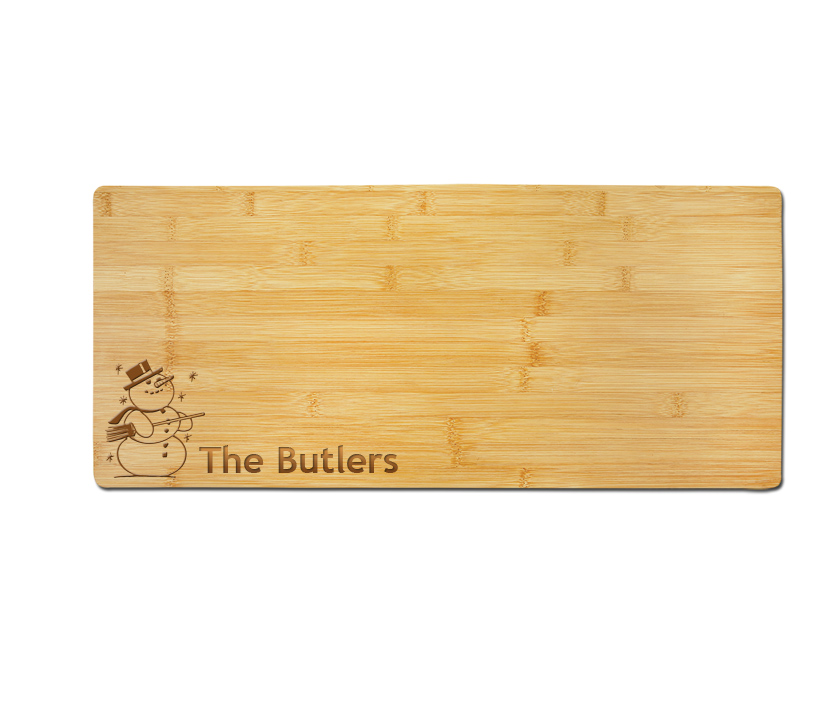 Personalized charcuterie board with your choice of snowman design and engraved text. Snowman Charcuterie