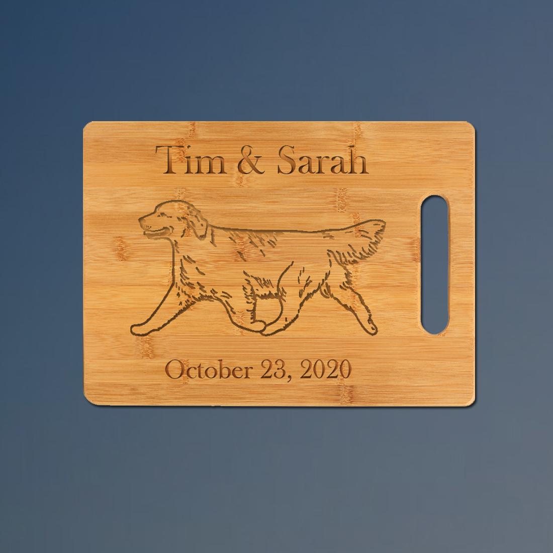 Custom engraved bamboo cutting board with golden retriever design and personalized text. 80+ golden retriever design to choose from.