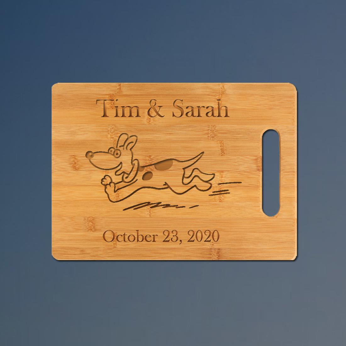 Custom engraved bamboo cutting board with dog breed and personalized add engraved text. 100+ dog breeds to choose from.