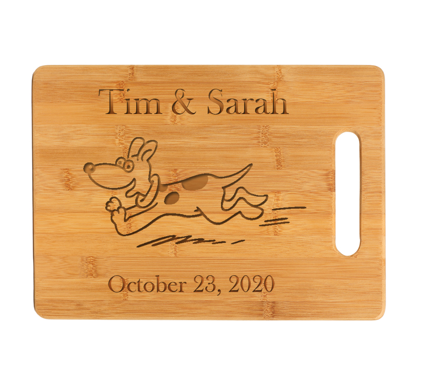Custom engraved bamboo cutting board with personalized text and dog design 2.