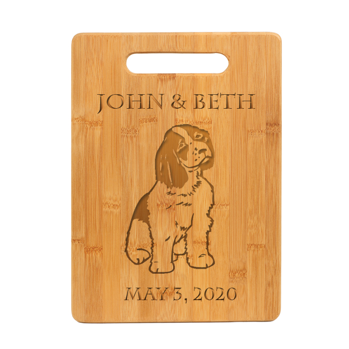 Custom engraved bamboo cutting board with dog design 3 and personalized text. Dog Cutting Board