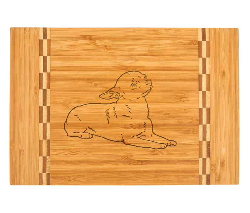 Custom engraved bamboo cutting board with dog design 4 and personalized text. Dog Cutting Board