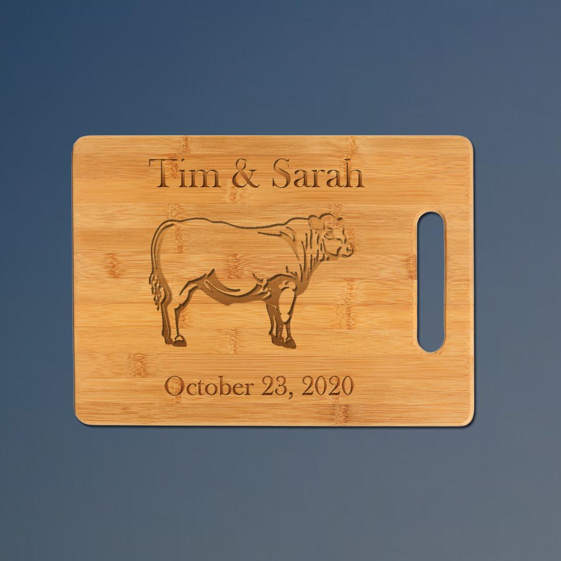 Custom engraved bamboo farm animal cutting board with farm animal design and personalized text. 100+ farm animal designs to choose from.