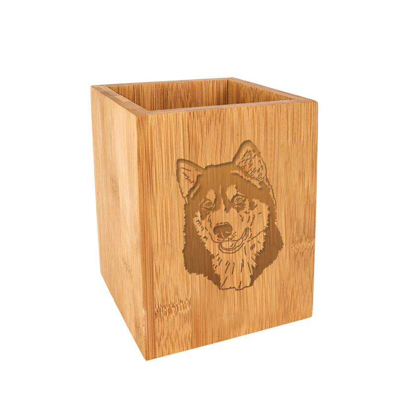 Custom engraved bamboo utensil holder with toy dog design and personalized text. Toy Dog Utensil Holder