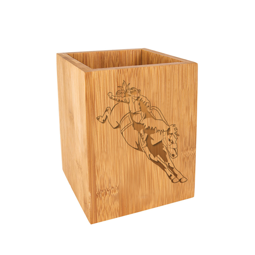 Custom engraved bamboo utensil holder with rodeo design and personalized text. Rodeo Utensil Holder