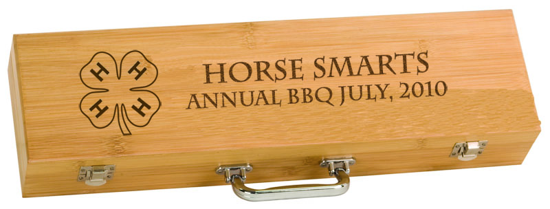 Personalized BBQ tools gift set with engraved 4-H logo and text.