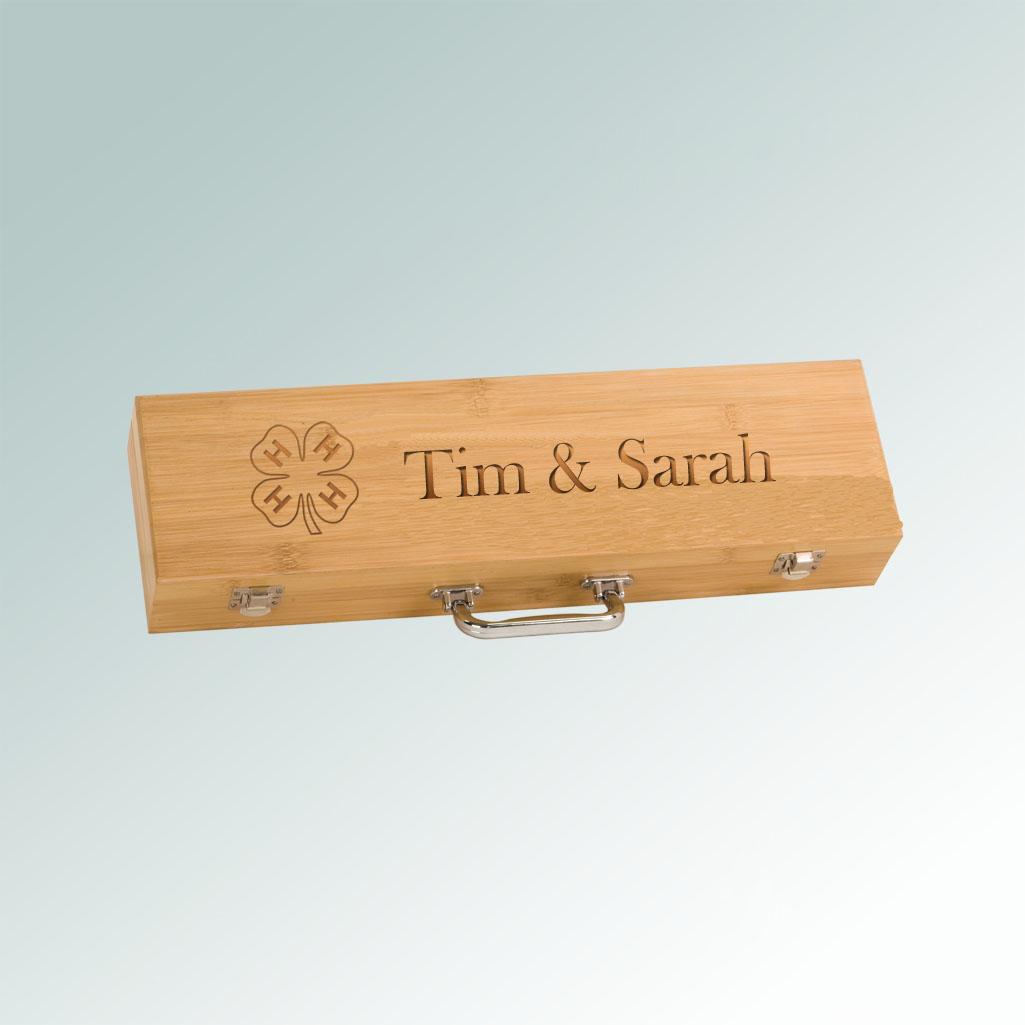 Personalized 4-H BBQ tools gift set with engraved text and the 4-H logo of your choice.