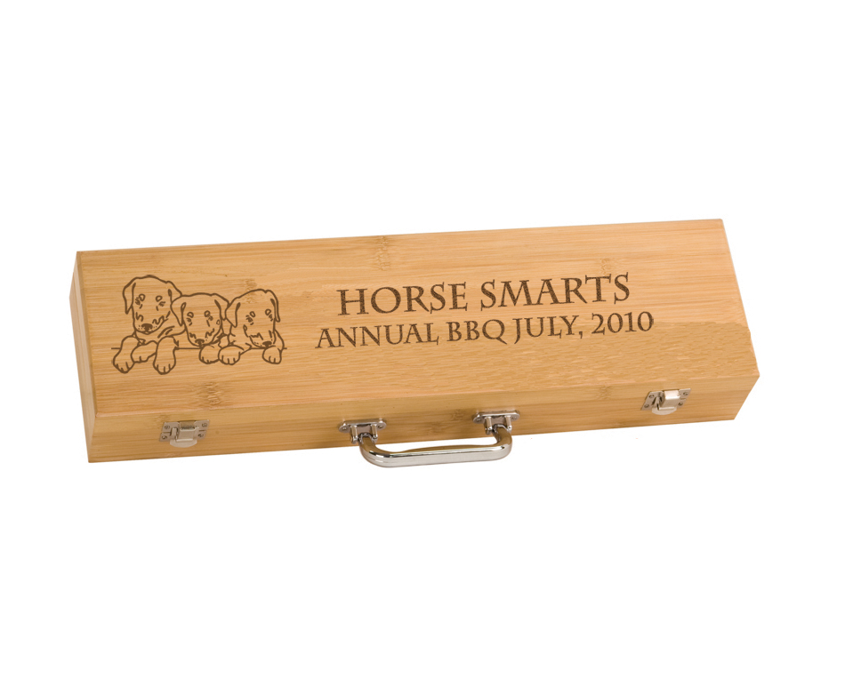 Personalized BBQ tools gift set with engraved Doberman dog design and text. Doberman BBQ Set