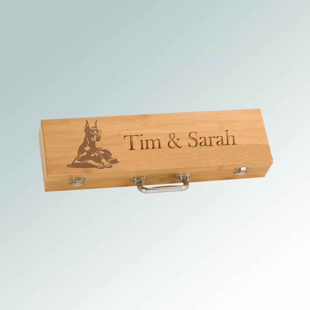 Personalized doberman BBQ tools gift set with engraved text and the doberman design of your choice.