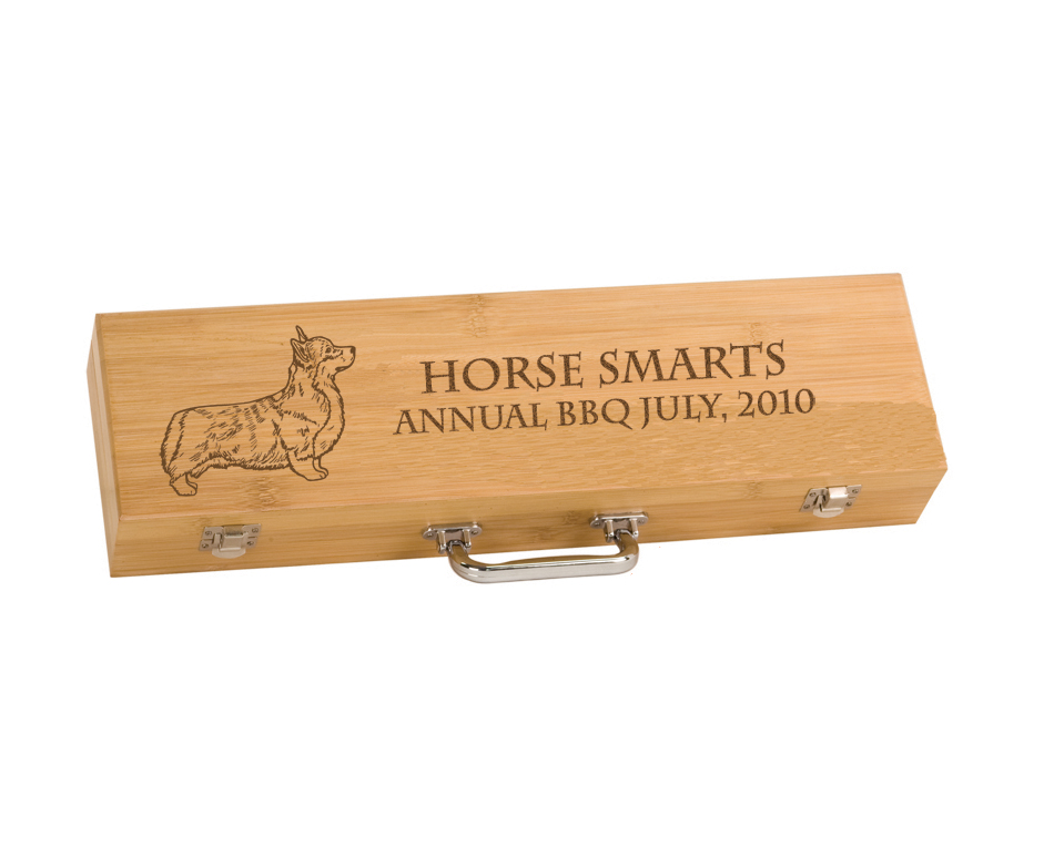 Personalized BBQ tools gift set with engraved Welsh Corgi dog design and text. Corgi BBQ Set