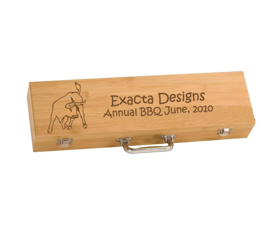 Custom engraved BBQ tools gift set with personalized text and the farm animal design of your choice. Farm Animal BBQ Set