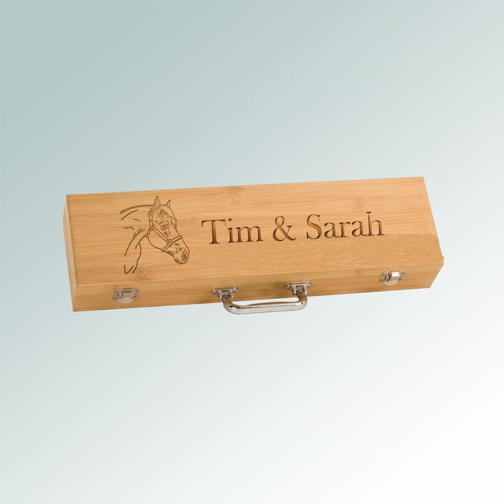 Custom engraved horse silhouette BBQ tools gift set with personalized text and the horse silhouette of your choice.
