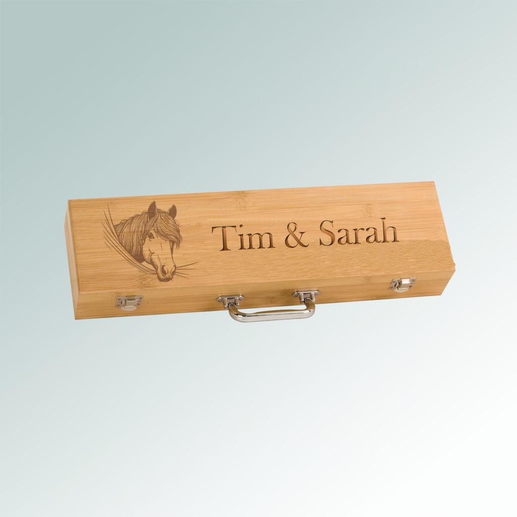 Personalized horse BBQ tools gift set with engraved text and the horse design of your choice.