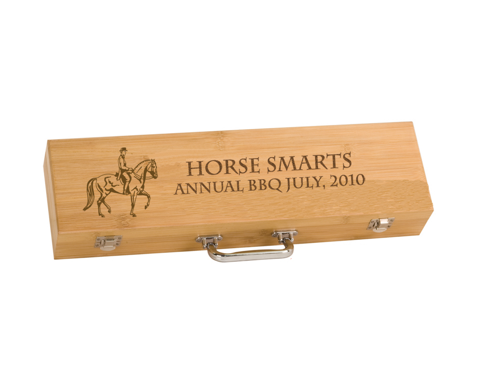 Personalized BBQ tools gift set with engraved horse design 2 and text. Equestrian BBQ Set
