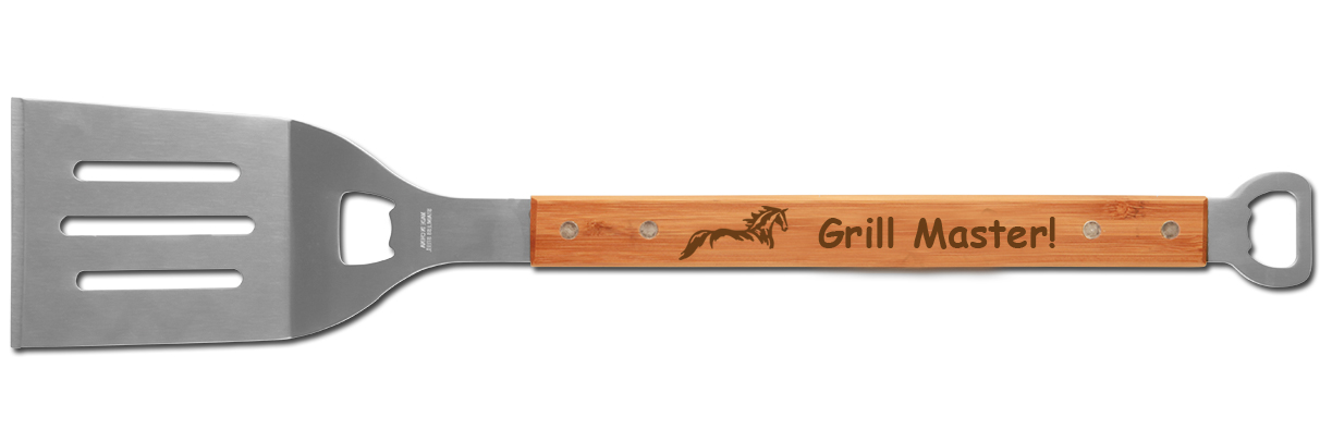 Custom engraved BBQ spatula with bottle opener comes with a horse design 2 and text.