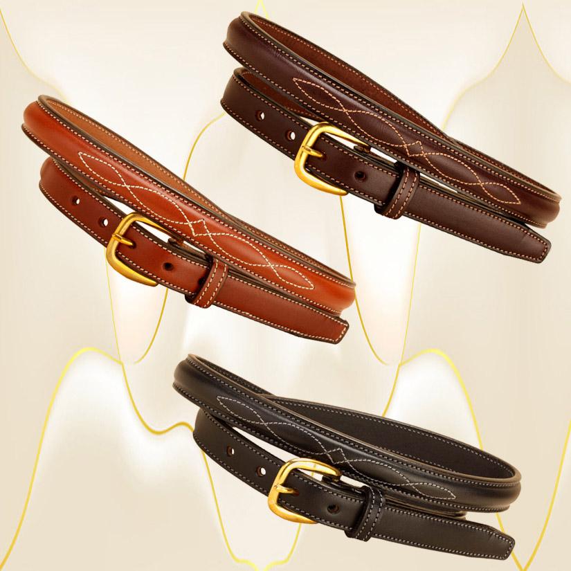 Raised leather belt with fancy stitching.