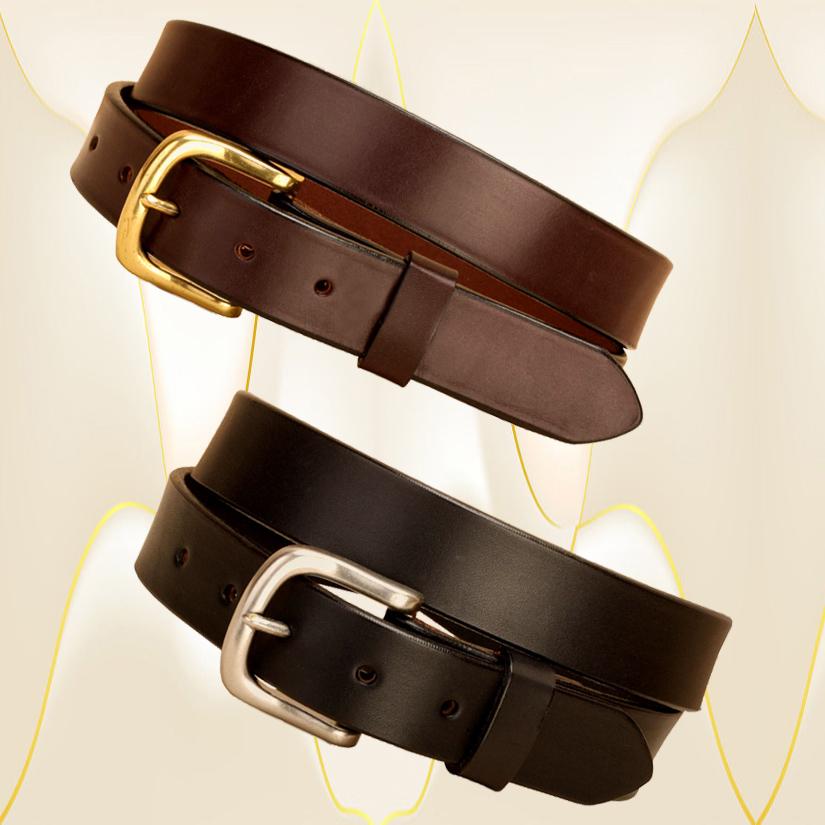 1 1/4" wide English bridle leather belt with your choice of a stainless steel or brass buckle.