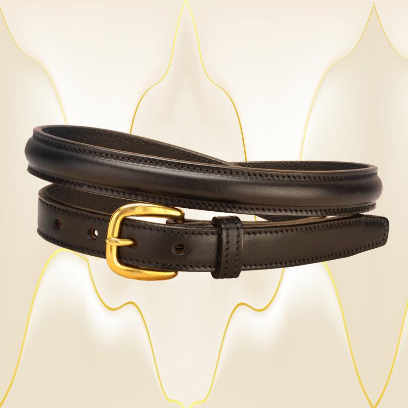 Raised 1" wide black leather belt with a brass buckle.